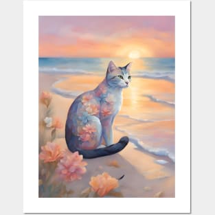 Floral Pastel Cat With Beach Sunset Posters and Art